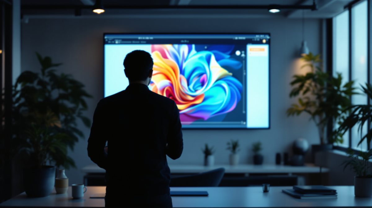 Person von hinten vor einem Bildschirm mit rotierendem 3D-Produktmodell