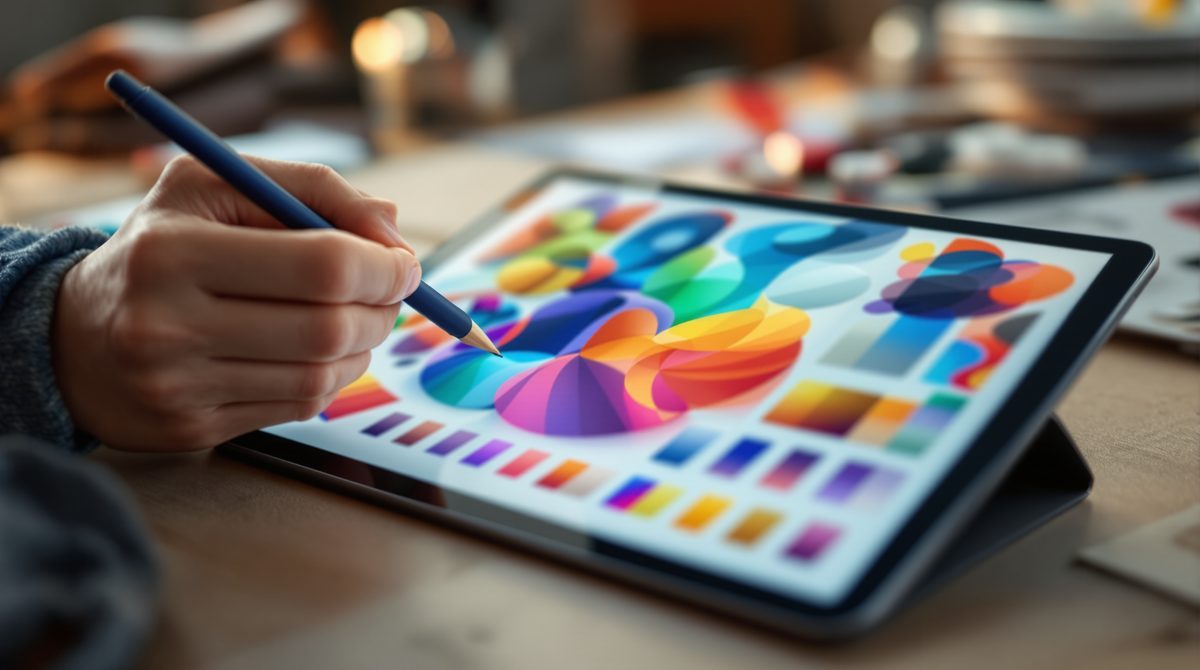 Detailaufnahme einer Hand mit Stylus an einem Tablet mit 3D-Rendering