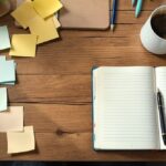 Holztisch mit Notizzetteln, Notizbuch und Kaffeetasse als Symbol für Content-Marketing für Unternehmen