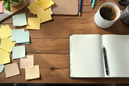 Holztisch mit Notizzetteln, Notizbuch und Kaffeetasse als Symbol für Content-Marketing für Unternehmen