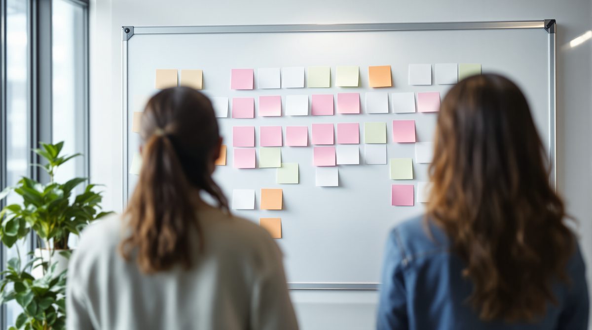 Zwei Personen von hinten vor einem Whiteboard mit leeren Haftnotizen in einem hellen Büro