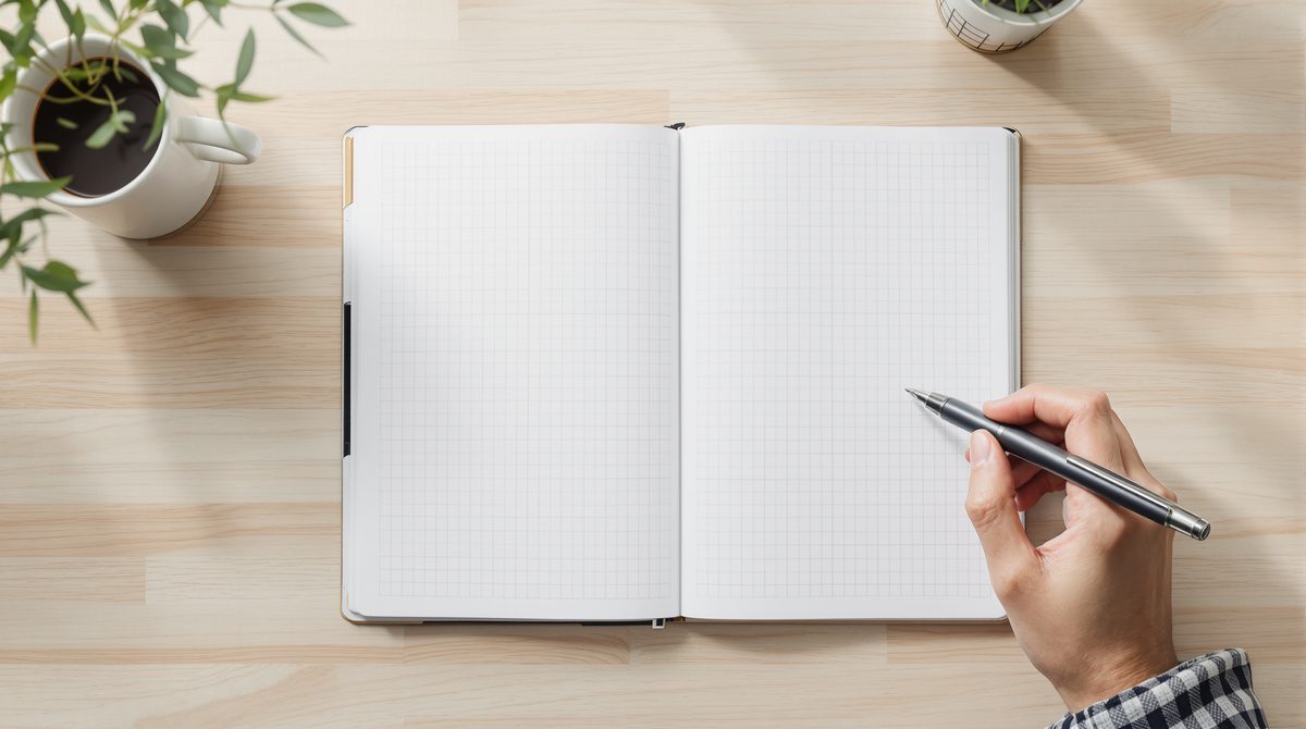Hand mit Stift über einem leeren karierten Notizbuch auf einem hellen Holztisch