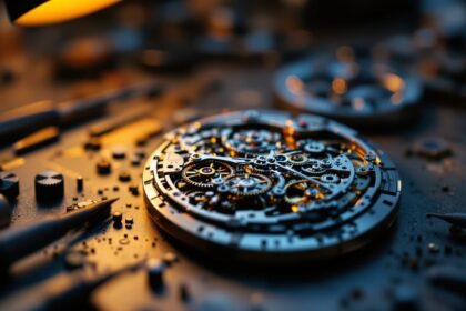 Geöffnetes mechanisches Uhrwerk auf einer Uhrmacherwerkbank mit Präzisionswerkzeug