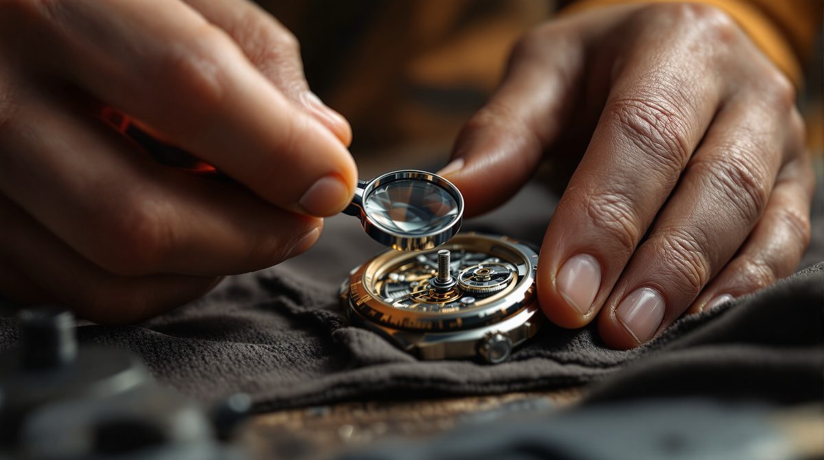 Uhrmacherhände mit Lupe bei der Prüfung eines mechanischen Uhrwerks