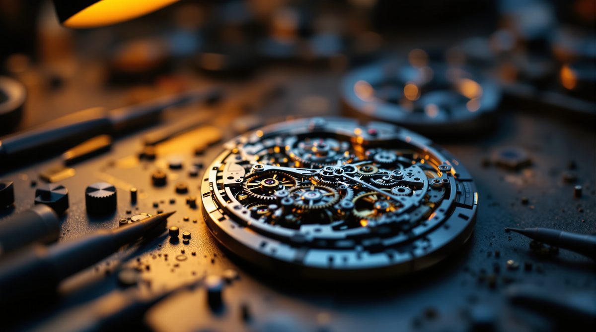 Geöffnetes mechanisches Uhrwerk auf einer Uhrmacherwerkbank mit Präzisionswerkzeug