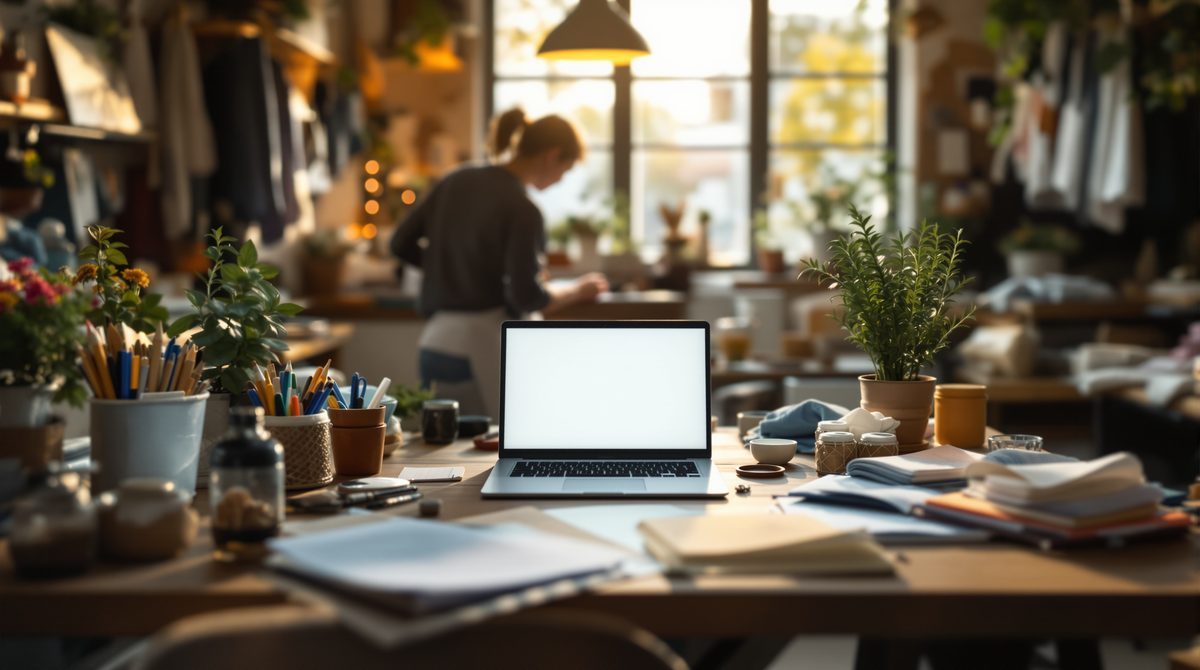 Kleines Atelier mit Laptop im Vordergrund als Symbol für digitale Selbstständigkeit