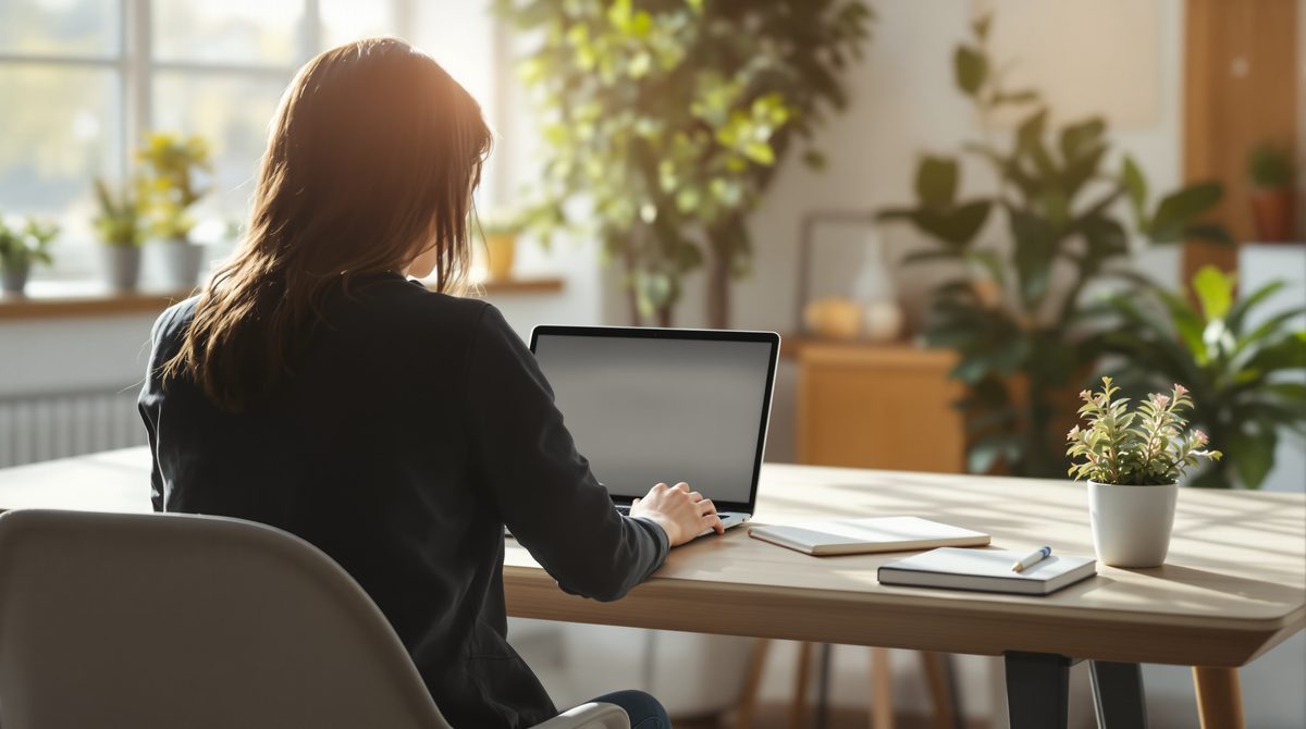 Frau von hinten am Schreibtisch im Home-Office mit Laptop