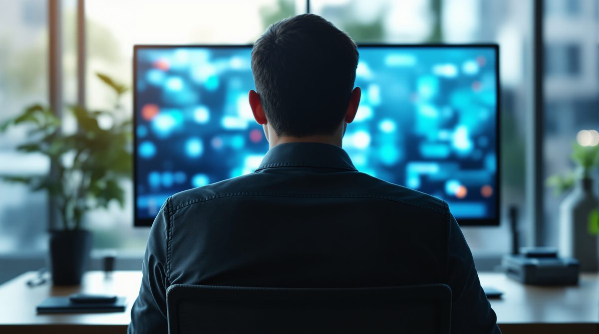 Person von hinten am Schreibtisch vor einem großen unscharfen Monitor im Büro