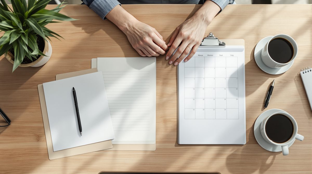 Besprechungstisch mit Notizbuch und Kalender als Symbol für Planung der Pflichttermine 2027
