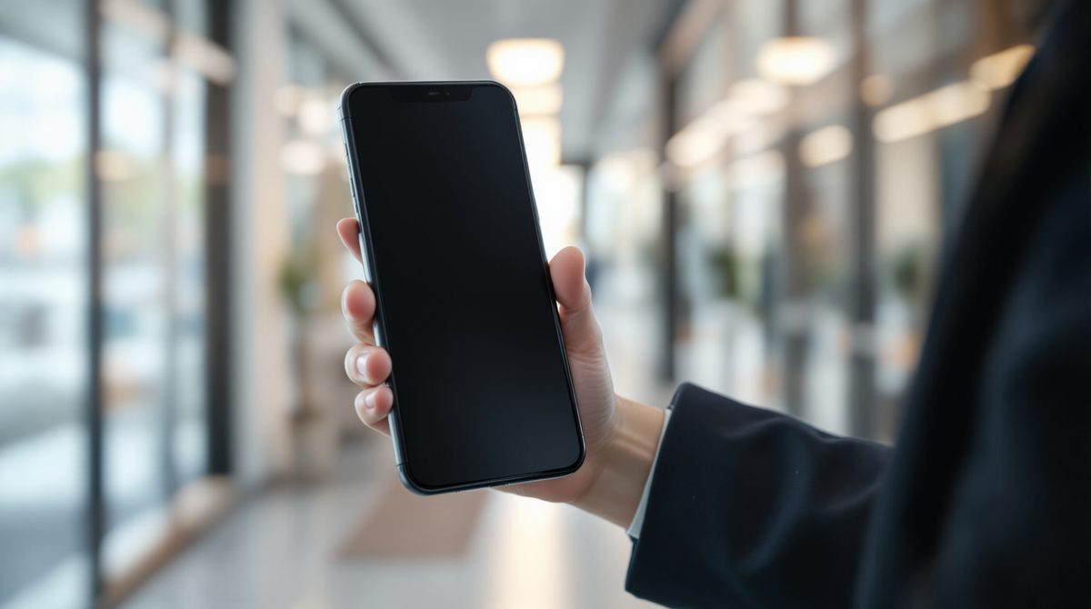 Hand mit Smartphone mit unscharfem Display in einem Bürokorridor