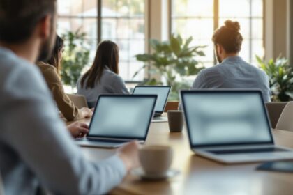 Team arbeitet von hinten gesehen an Laptops im hellen Büro als Sinnbild für den digitalen Werkzeugkasten für Unternehmen