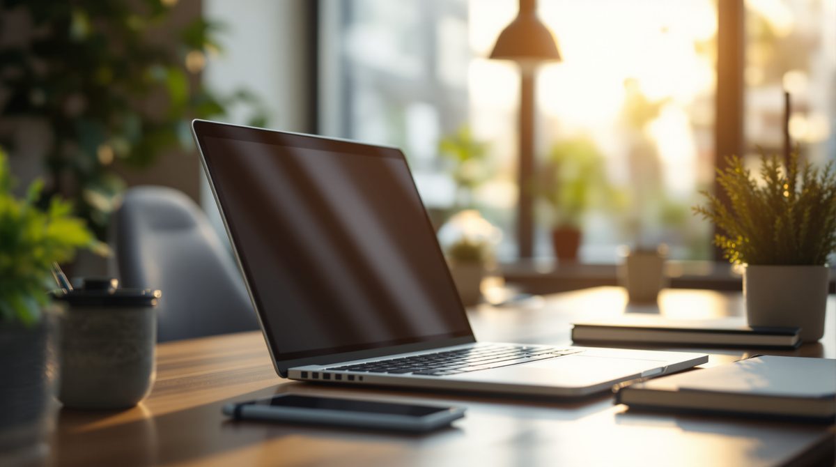 Aufgeräumter Arbeitsplatz mit Laptop und Notizbuch im Gegenlicht