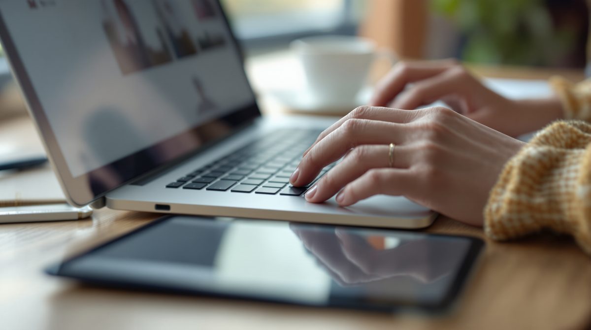 Hände tippen auf Laptop-Tastatur neben Tablet und Kaffeetasse auf Holztisch