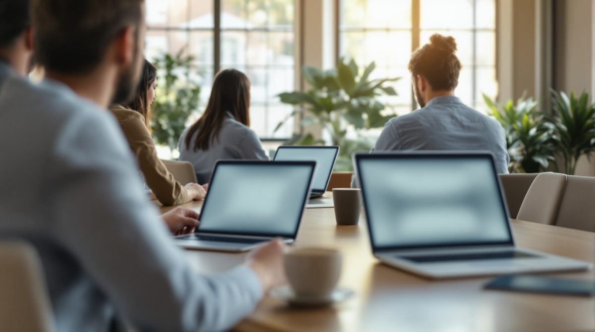 Team arbeitet von hinten gesehen an Laptops im hellen Büro als Sinnbild für den digitalen Werkzeugkasten für Unternehmen