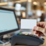 Hand hält Gesundheitskarte vor einem Kartenlesegerät in einer Arztpraxis