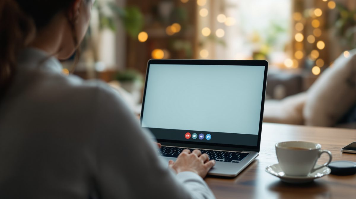 Person von hinten bei einer Videosprechstunde am Laptop