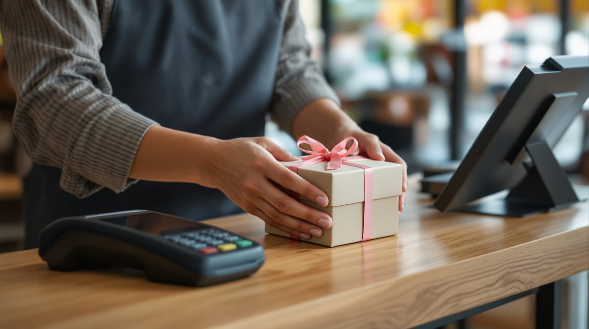 Verkäuferin übergibt ein verpacktes Geschenk an der Ladentheke neben einem Kartenterminal