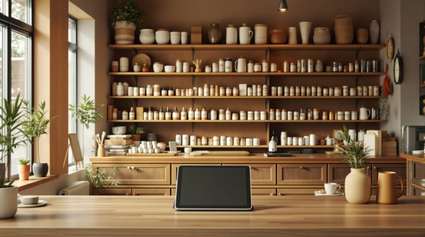 Ladengeschäft mit Holzregalen voller Keramik und einem Tablet auf der Verkaufstheke