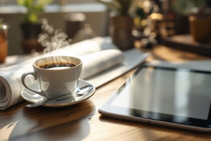 Kaffeetasse, gefaltete Zeitung und Tablet mit unscharfem Display auf einem Schreibtisch