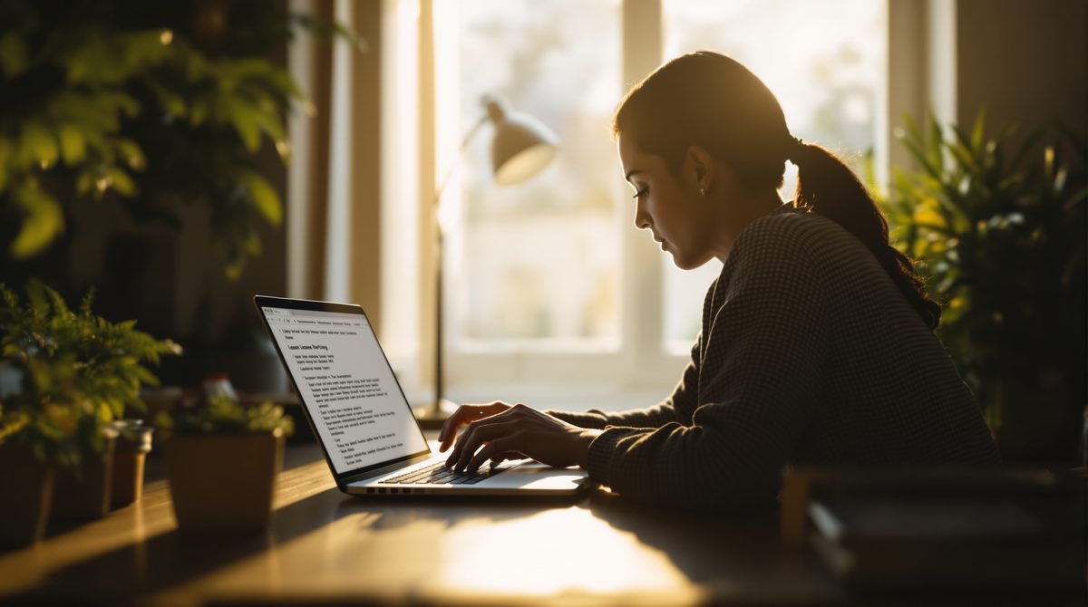 Person liest von hinten im Gegenlicht am Laptop, Bildschirm unscharf