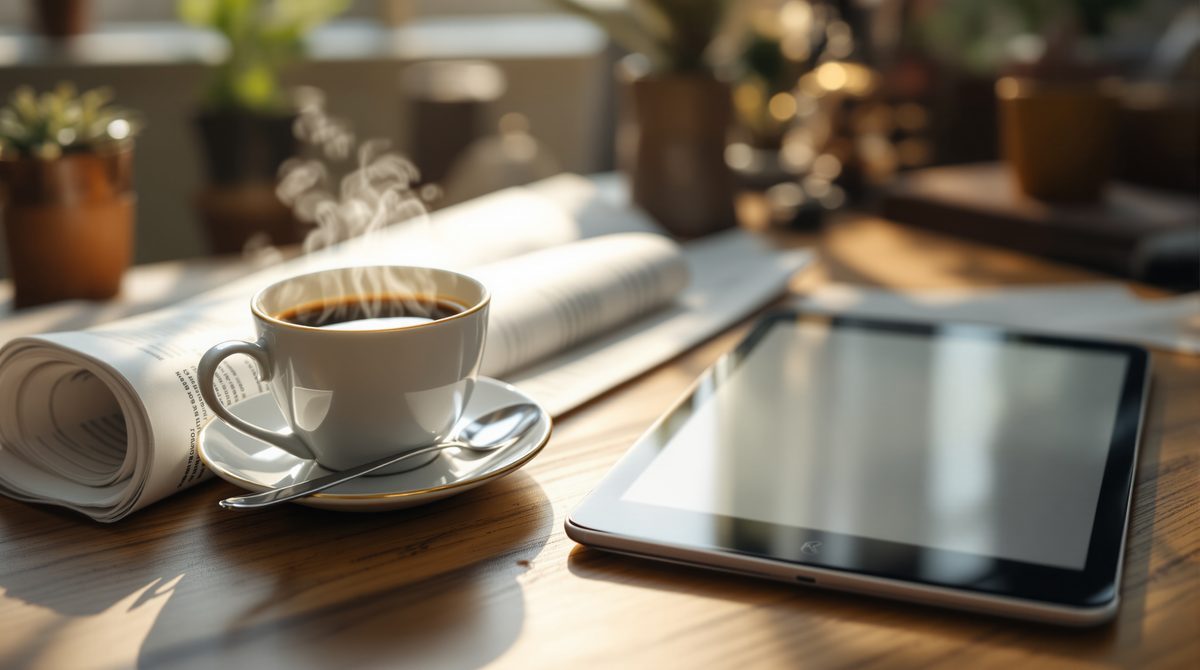 Kaffeetasse, gefaltete Zeitung und Tablet mit unscharfem Display auf einem Schreibtisch
