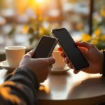 Zwei Hände mit Smartphones auf einem Cafétisch im warmen Abendlicht