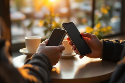 Zwei Hände mit Smartphones auf einem Cafétisch im warmen Abendlicht