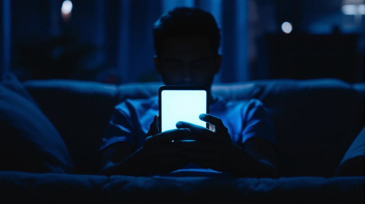 Person von hinten auf dem Sofa mit leuchtendem Smartphone im dunklen Raum
