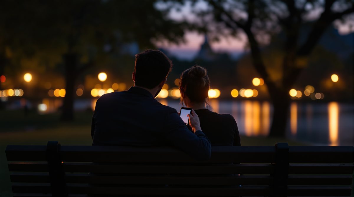 Paar von hinten auf einer Parkbank im Abendlicht mit Smartphone