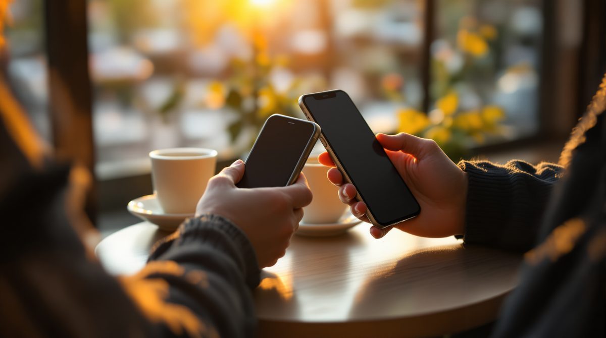 Zwei Hände mit Smartphones auf einem Cafétisch im Abendlicht