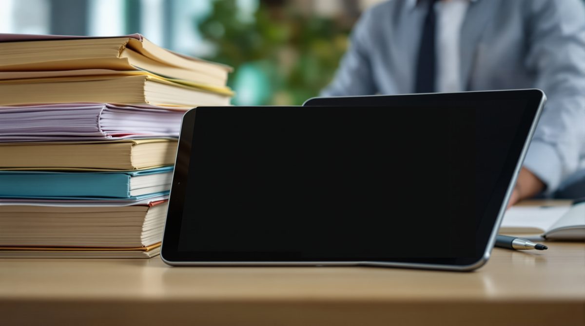Aufgeräumter Schreibtisch mit Tablet statt Aktenordnern als Symbol für digitale Ablage