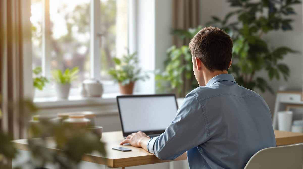 Person arbeitet von hinten an einem aufgeräumten Schreibtisch ohne Papierstapel