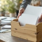 Hände sortieren unbeschriftete Papierbelege in eine Aufbewahrungsbox auf einem Holztisch