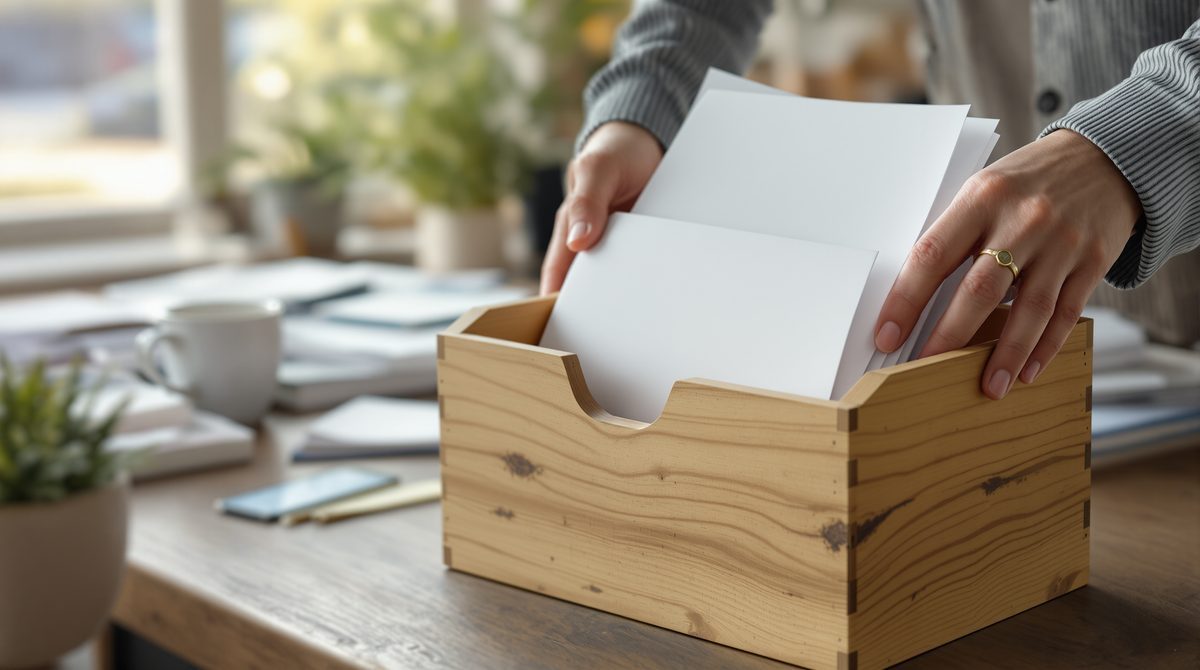 Hände sortieren unbeschriftete Papierbelege in eine Aufbewahrungsbox auf einem Holztisch