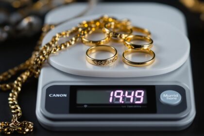 Goldringe und Goldkette auf einer Feinwaage als Symbol für den digitalen Schmuckankauf