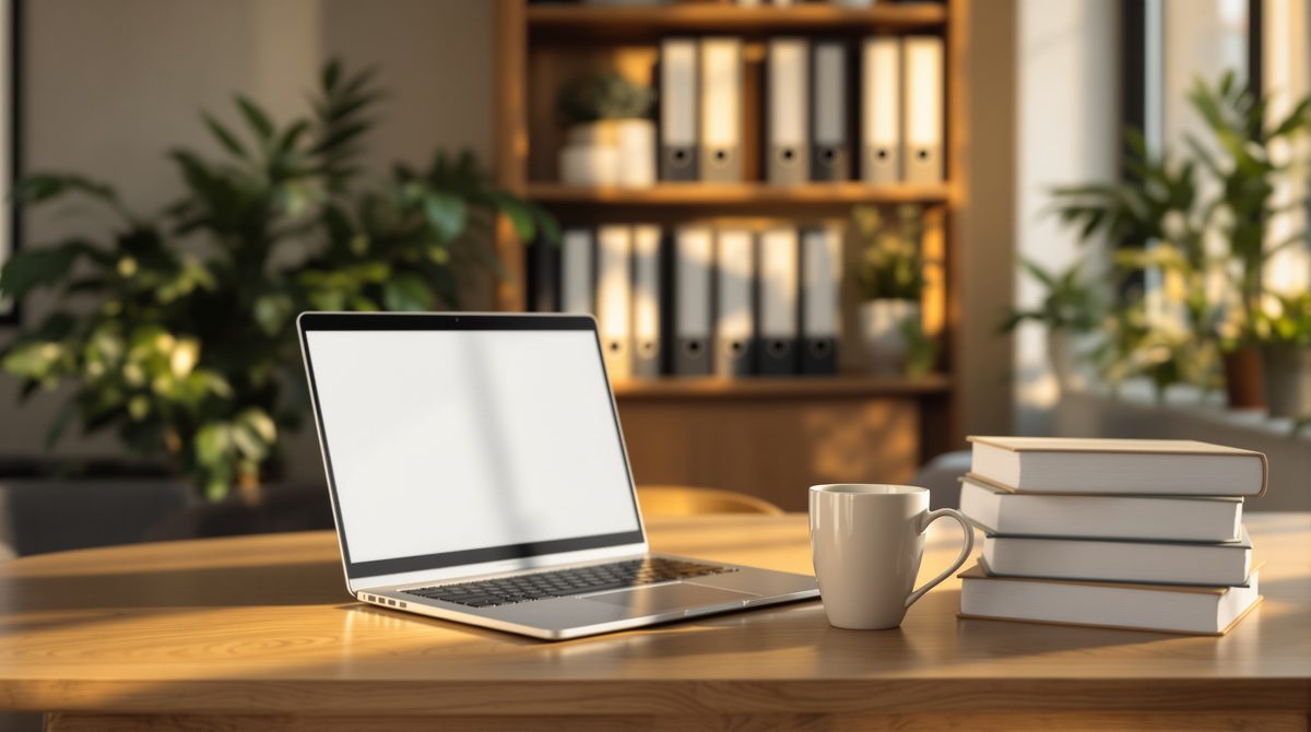 Arbeitsplatz mit Laptop, Kaffeetasse und Bücherstapel im Abendlicht