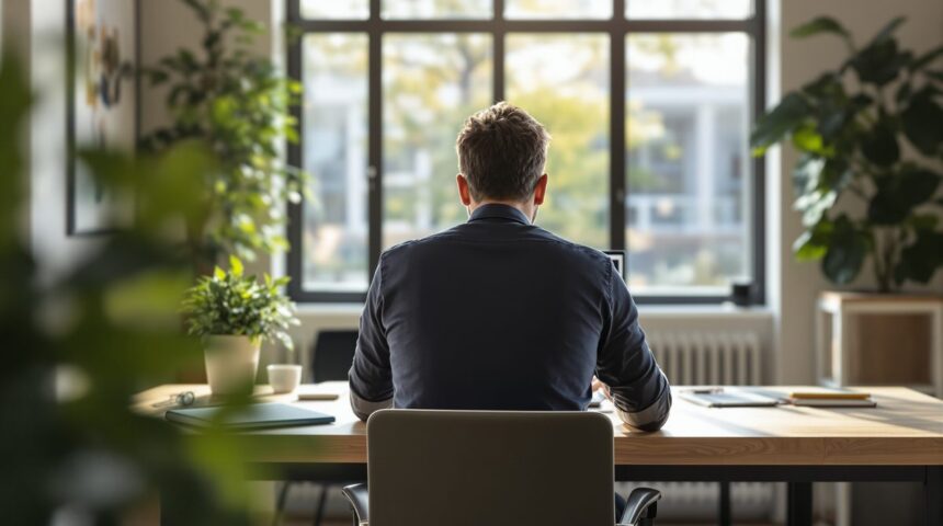 Person arbeitet am Laptop im hellen Büro an SEO- und GEO-Strategie