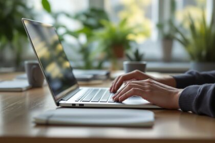 Hände tippen auf einem Laptop an einem hellen Schreibtisch im Homeoffice