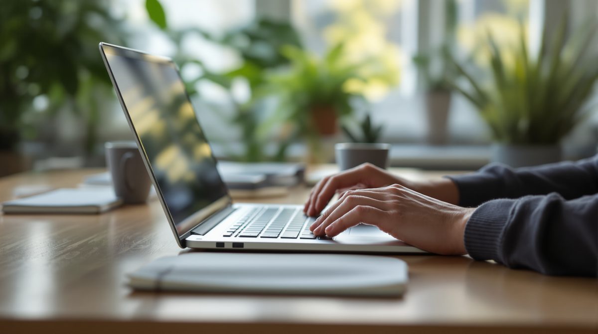Hände tippen auf einem Laptop an einem hellen Schreibtisch im Homeoffice