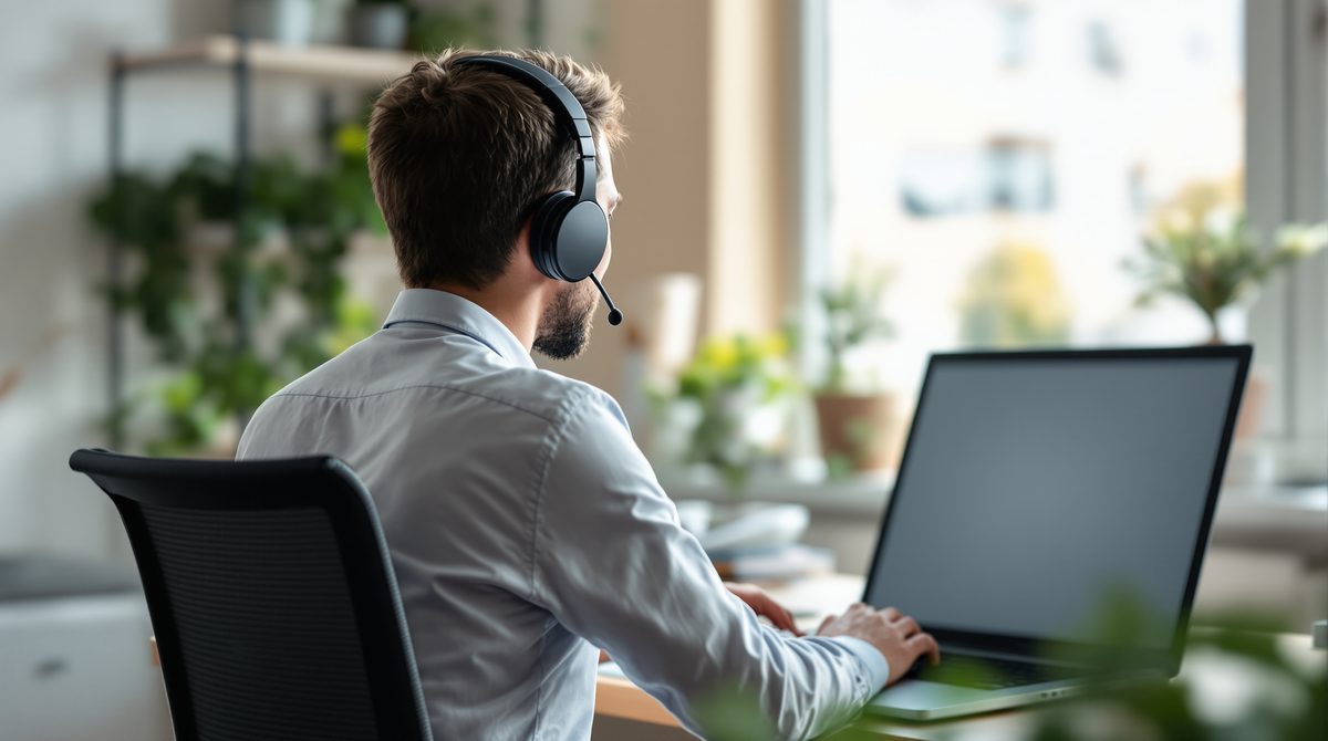 Person von hinten mit Headset arbeitet konzentriert am Laptop im hellen Homeoffice