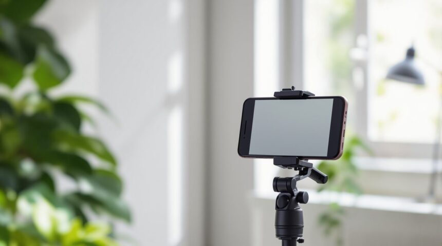 Smartphone auf Stativ am hellen Fenster zur Aufnahme eines Instagram-Profilbilds