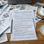 Schreibtisch mit Zeitungsausschnitten, Geschäftsbericht und Notizblock als Symbol für Recherche vor einem Wikipedia-Eintrag für Unternehmen
